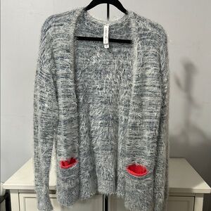 Cozy Fuzzy Gray Sweater with Red Accents